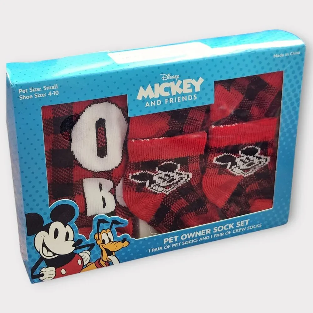 Disney Mickey Mouse Pet Owner Sock Pair Gift Set Red Buffalo Check